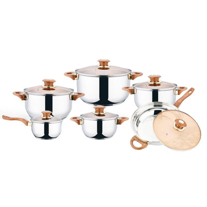 Set 12 piese: 6 vase din inox, compatibile cu plita cu inductie, cu capace din sticla, Grunberg GR15041