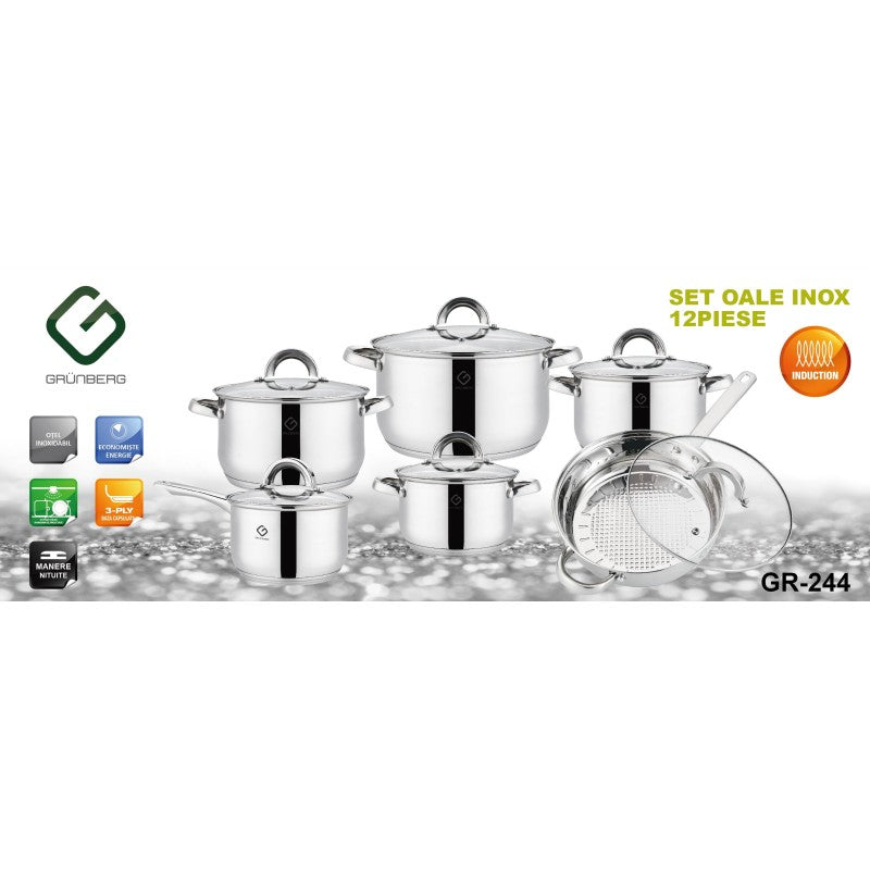Set 12 piese , 6 vase din inox cu capace din sticla, Grunberg GR244
