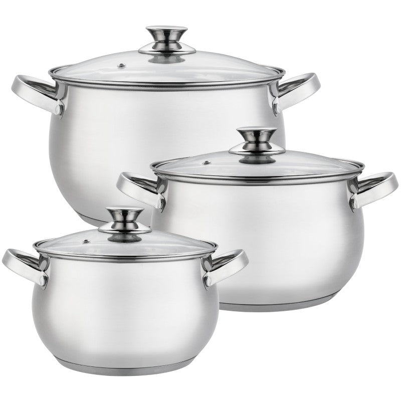 Set 3 oale din inox cu capace din sticla termorezistenta, 5.5l, 6.5l si 8.5l, Grunberg GR10573