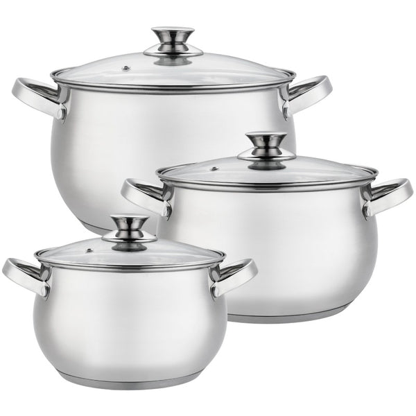 Set 3 oale din inox cu capace din sticla termorezistenta, 5.5l, 6.5l si 8.5l, Grunberg GR10573