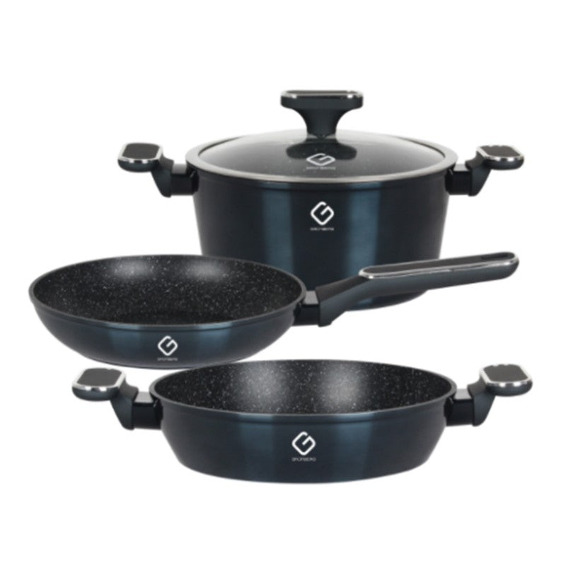 Set 4 piese: 3 vase din aluminiu, compatibile cu plita cu inductie, 1 capac din sticla termorezistenta, Grunberg GR2717 (rosu, verde, albastru)