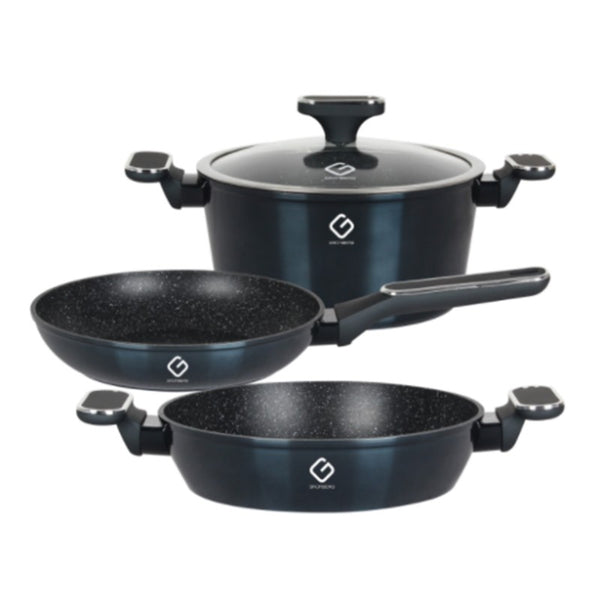 Set 4 piese: 3 vase din aluminiu, compatibile cu plita cu inductie, 1 capac din sticla termorezistenta, Grunberg GR2717 (rosu, verde, albastru)