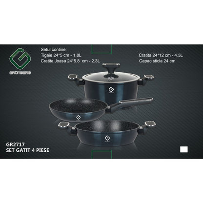 Set 4 piese: 3 vase din aluminiu, compatibile cu plita cu inductie, 1 capac din sticla termorezistenta, Grunberg GR2717 (rosu, verde, albastru)