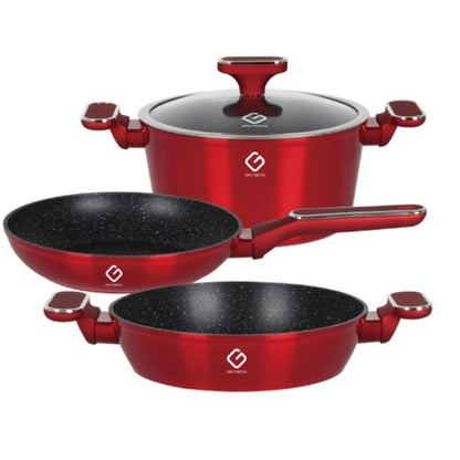 Set 4 piese: 3 vase din aluminiu, compatibile cu plita cu inductie, 1 capac din sticla termorezistenta, Grunberg GR2717 (rosu, verde, albastru)
