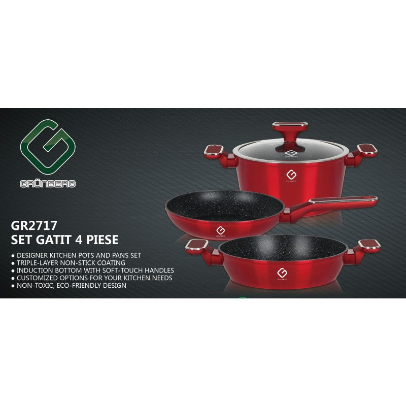 Set 4 piese: 3 vase din aluminiu, compatibile cu plita cu inductie, 1 capac din sticla termorezistenta, Grunberg GR2717 (rosu, verde, albastru)