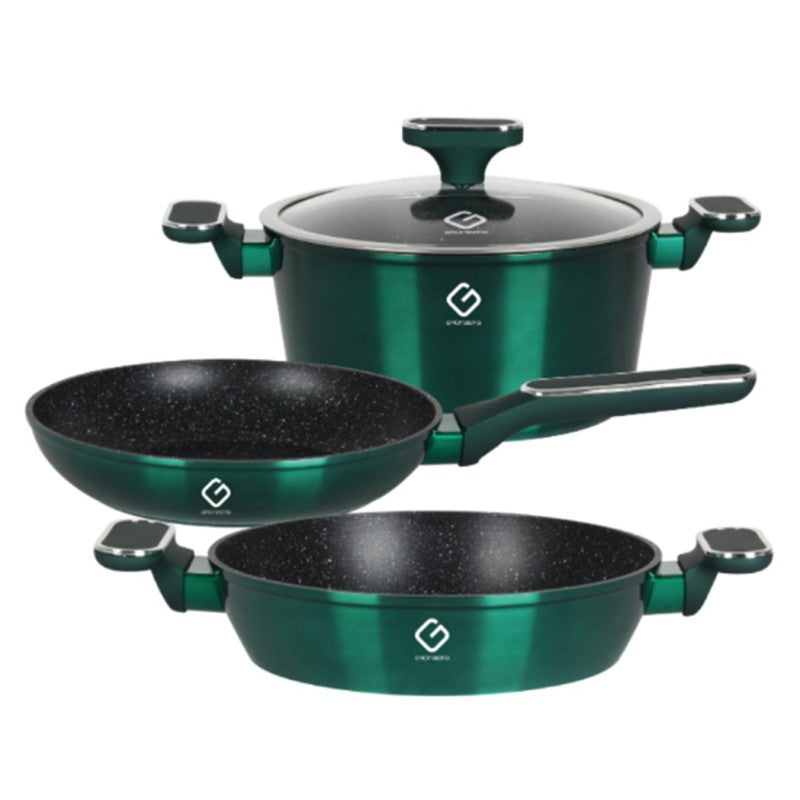 Set 4 piese: 3 vase din aluminiu, compatibile cu plita cu inductie, 1 capac din sticla termorezistenta, Grunberg GR2717 (rosu, verde, albastru)