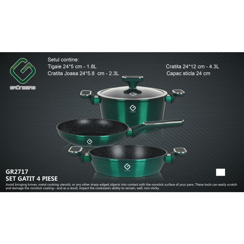 Set 4 piese: 3 vase din aluminiu, compatibile cu plita cu inductie, 1 capac din sticla termorezistenta, Grunberg GR2717 (rosu, verde, albastru)