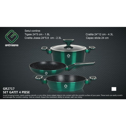 Set 4 piese: 3 vase din aluminiu, compatibile cu plita cu inductie, 1 capac din sticla termorezistenta, Grunberg GR2717 (rosu, verde, albastru)