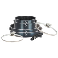 Set 7 piese: 4 vase din aluminiu, compatibile cu plita inductie, 2 capace sticla, 1 maner detasabil, Grunberg GR2719 (albastru, rosu, auriu)