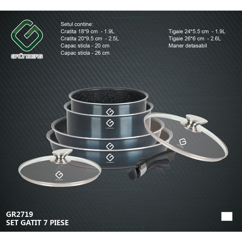Set 7 piese: 4 vase din aluminiu, compatibile cu plita inductie, 2 capace sticla, 1 maner detasabil, Grunberg GR2719 (albastru, rosu, auriu)