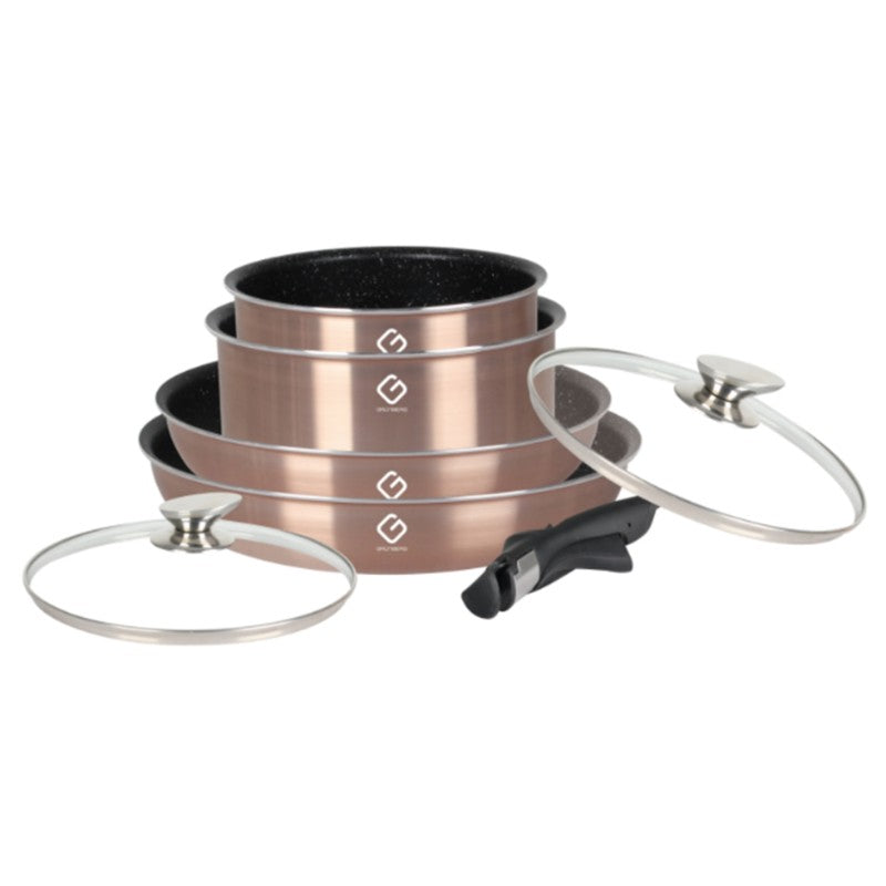 Set 7 piese: 4 vase din aluminiu, compatibile cu plita inductie, 2 capace sticla, 1 maner detasabil, Grunberg GR2719 (albastru, rosu, auriu)