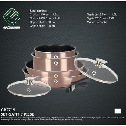 Set 7 piese: 4 vase din aluminiu, compatibile cu plita inductie, 2 capace sticla, 1 maner detasabil, Grunberg GR2719 (albastru, rosu, auriu)