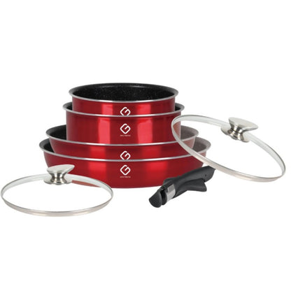Set 7 piese: 4 vase din aluminiu, compatibile cu plita inductie, 2 capace sticla, 1 maner detasabil, Grunberg GR2719 (albastru, rosu, auriu)