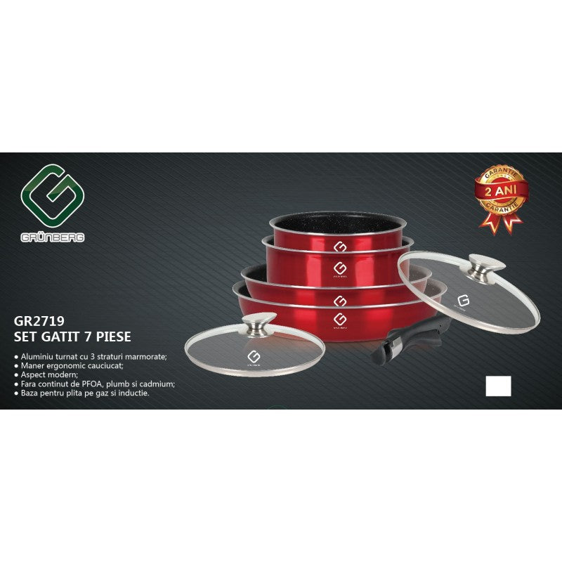 Set 7 piese: 4 vase din aluminiu, compatibile cu plita inductie, 2 capace sticla, 1 maner detasabil, Grunberg GR2719 (albastru, rosu, auriu)