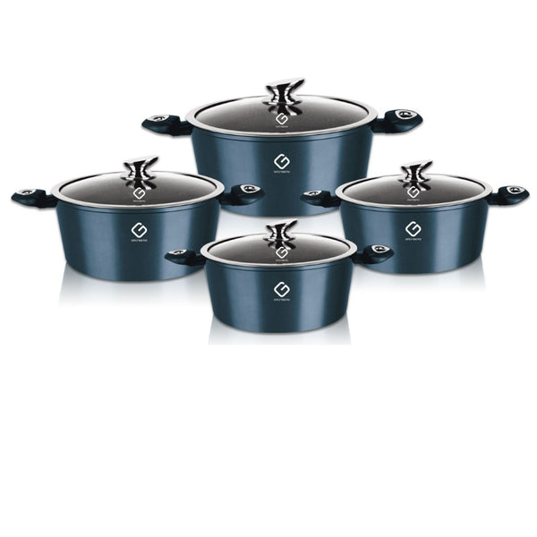 Set 8 piese: 4 vase din aluminiu, compatibile cu plita cu inductie, cu capace din sticla, Grunberg GR2716 (albastru, rosu, verde)