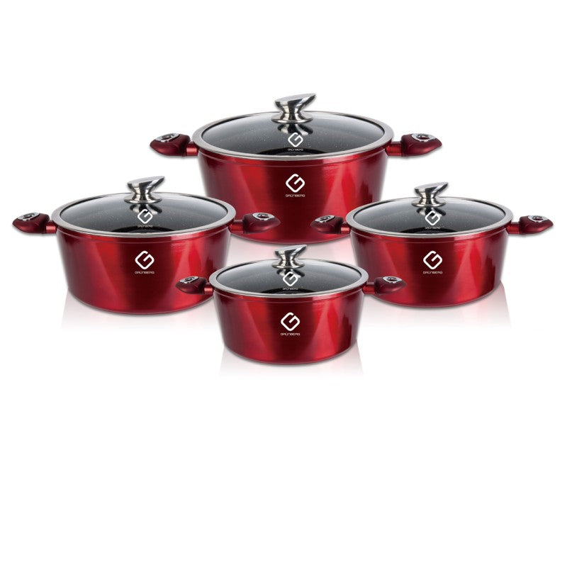 Set 8 piese: 4 vase din aluminiu, compatibile cu plita cu inductie, cu capace din sticla, Grunberg GR2716 (albastru, rosu, verde)