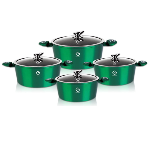 Set 8 piese: 4 vase din aluminiu, compatibile cu plita cu inductie, cu capace din sticla, Grunberg GR2716 (albastru, rosu, verde)