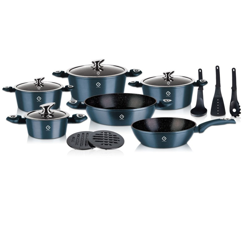 Set 15 piese: 6 vase din aluminiu, compatibile plita inductie, 4 capace, 3 ustensile, 2 suport, Grunberg GR2715 (albastru, rosu, verde)