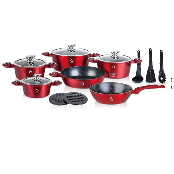 Set 15 piese: 6 vase din aluminiu, compatibile plita inductie, 4 capace, 3 ustensile, 2 suport, Grunberg GR2715 (albastru, rosu, verde)