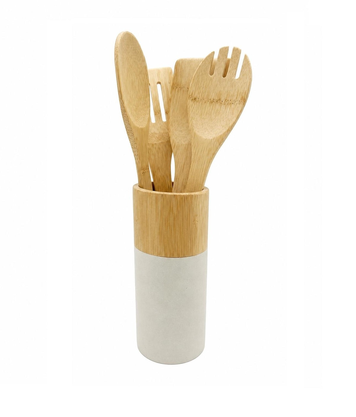 Set 5 piese ustensile din bambus pentru bucatarie, cu suport minimalist, alb/natur