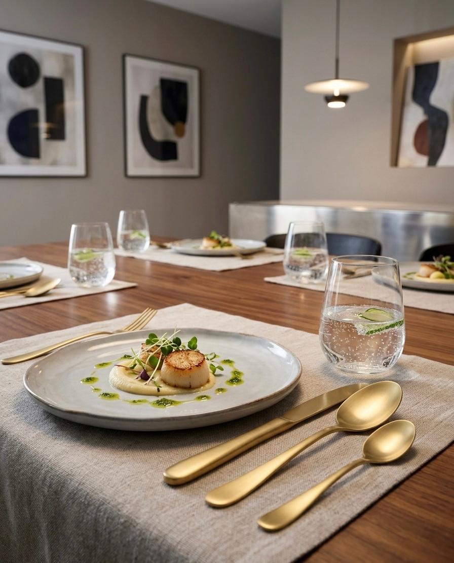 Set tacamuri Montreal din inox 18/10, aurit mat, 16 piese pentru 4 persoane, design modern elegat