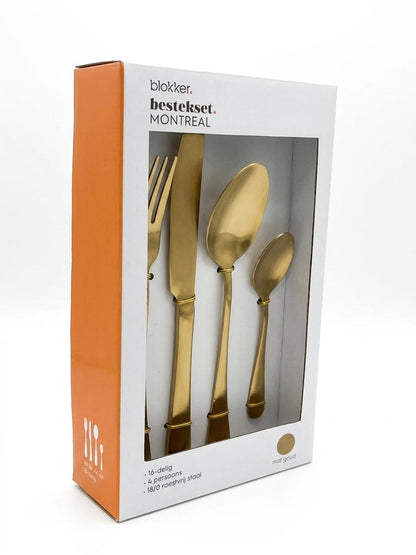 Set tacamuri Montreal din inox 18/10, aurit mat, 16 piese pentru 4 persoane, design modern elegat