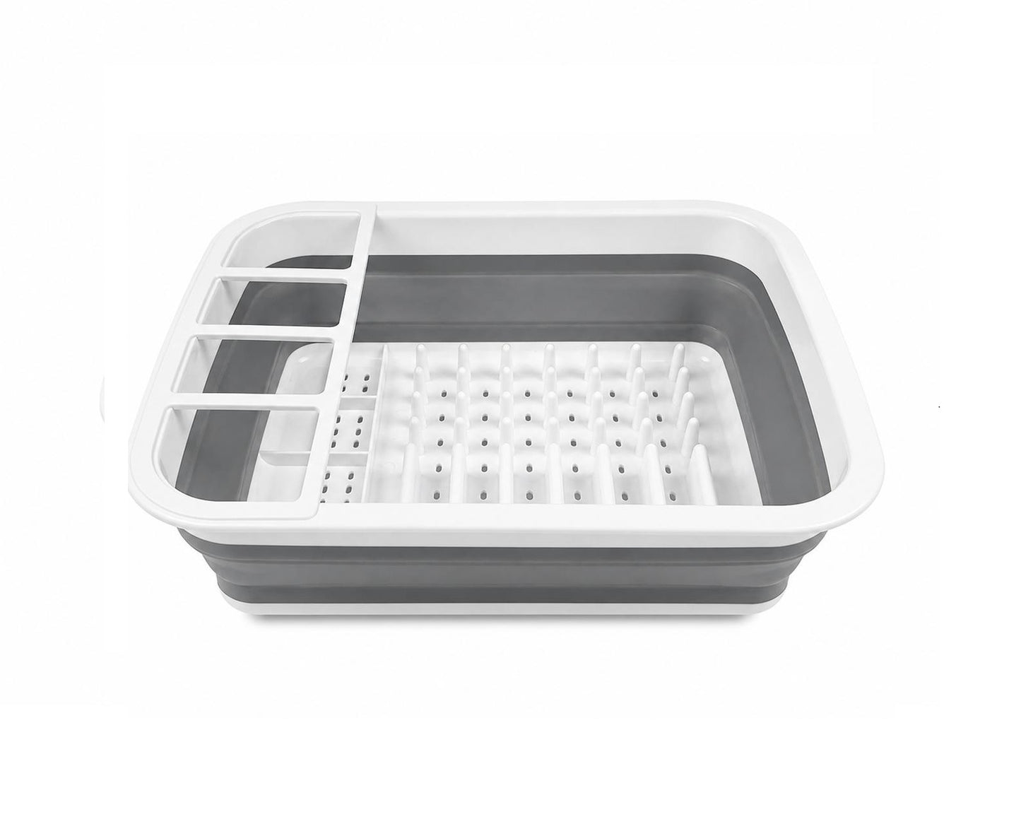 Uscător de vase pliabil, din silicon și plastic, compact, cu suport pentru tacâmuri, Gri/Alb, 36.5 x 31 x 12 cm, Dunlop