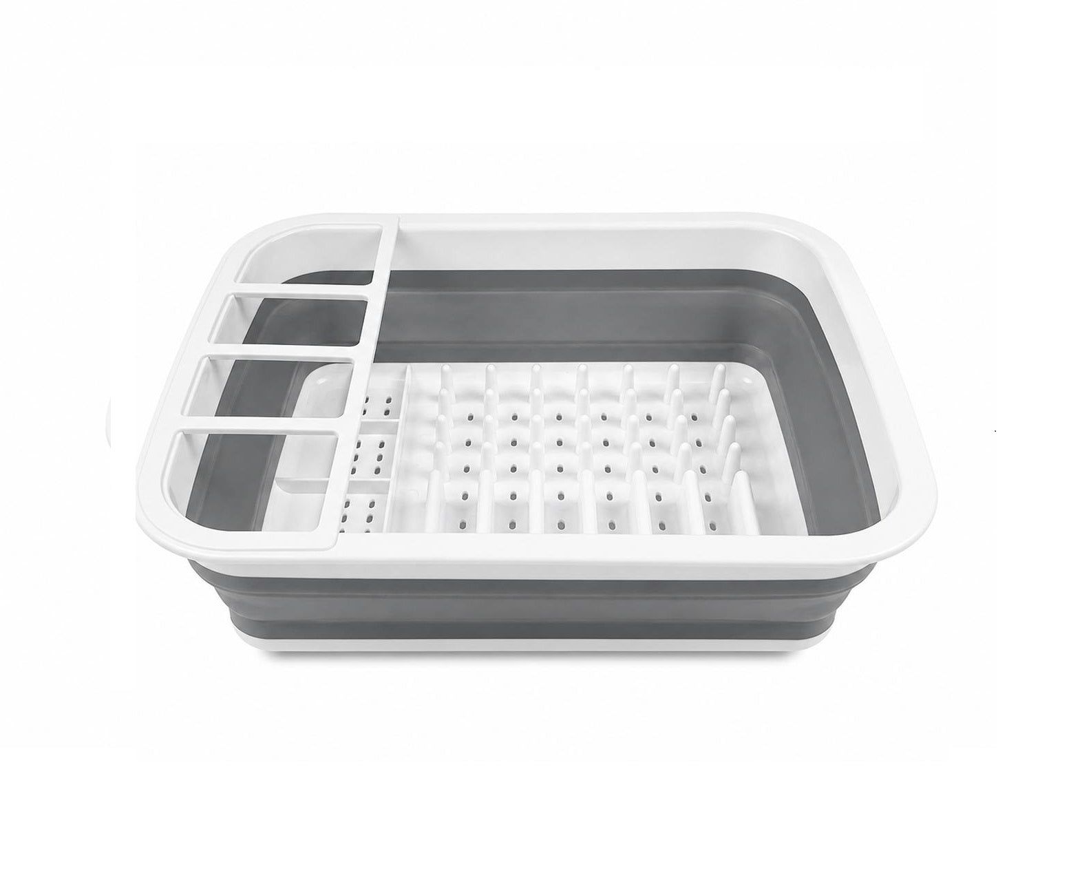 Uscător de vase pliabil, din silicon și plastic, compact, cu suport pentru tacâmuri, Gri/Alb, 36.5 x 31 x 12 cm, Dunlop