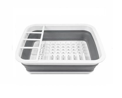 Uscător de vase pliabil, din silicon și plastic, compact, cu suport pentru tacâmuri, Gri/Alb, 36.5 x 31 x 12 cm, Dunlop
