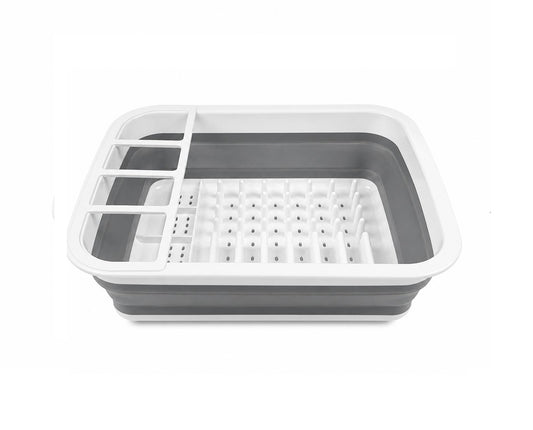 Uscător de vase pliabil, din silicon și plastic, compact, cu suport pentru tacâmuri, Gri/Alb, 36.5 x 31 x 12 cm, Dunlop