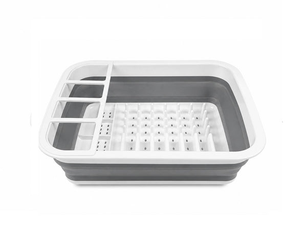 Uscător de vase pliabil, din silicon și plastic, compact, cu suport pentru tacâmuri, Gri/Alb, 36.5 x 31 x 12 cm, Dunlop