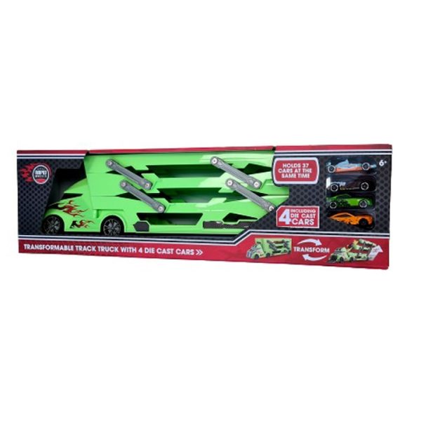 Transporter cu etajere pentru masinute, Set 4 autovehicule incluse, 43cm, Verde